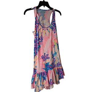 Lilly Pulitzer Racerback Tank Dress Tropical Print Ruffle Hem Pink Blue Yellow S